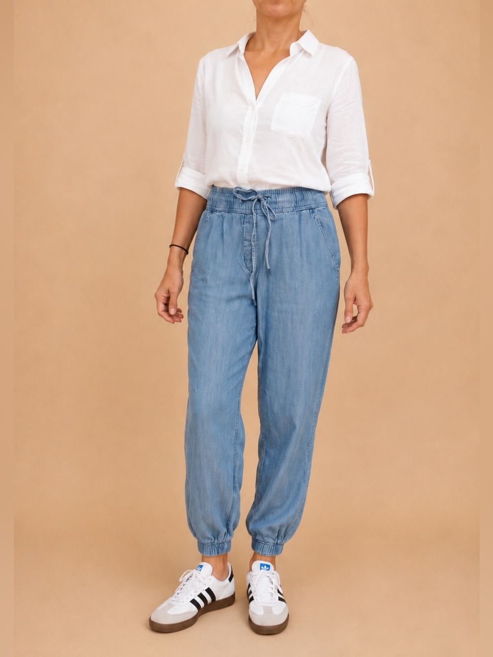 GAP Chambray Denim Jogger Pants Drawstring Light Wash Casual Medium